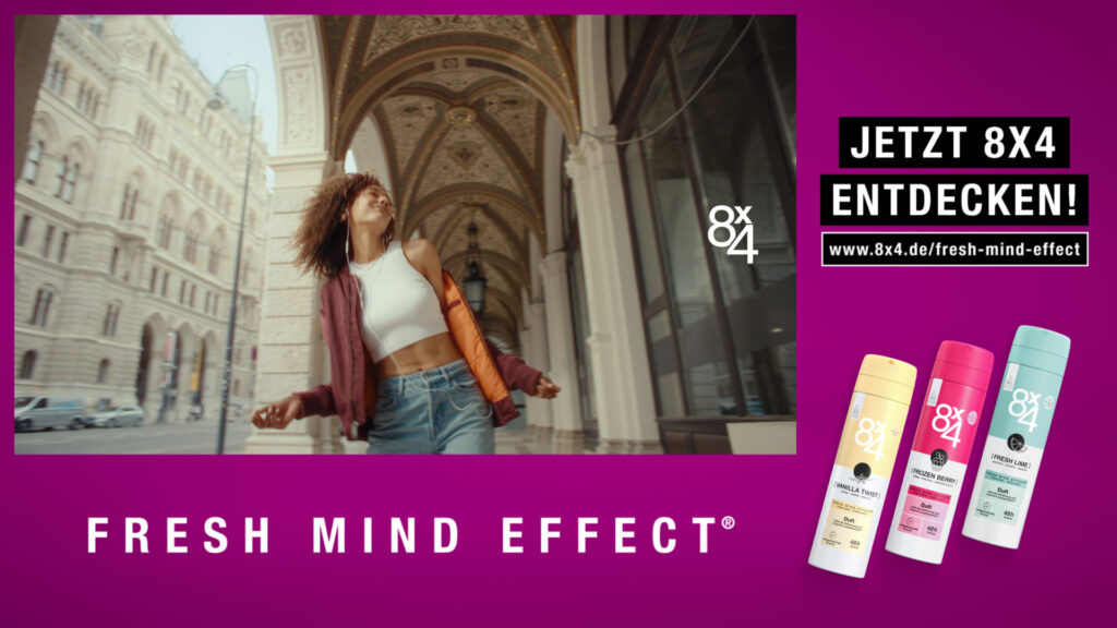 8×4 – Fresh Mind Effect / Bloomy Beat: campaign image with a dancer and deodorants.